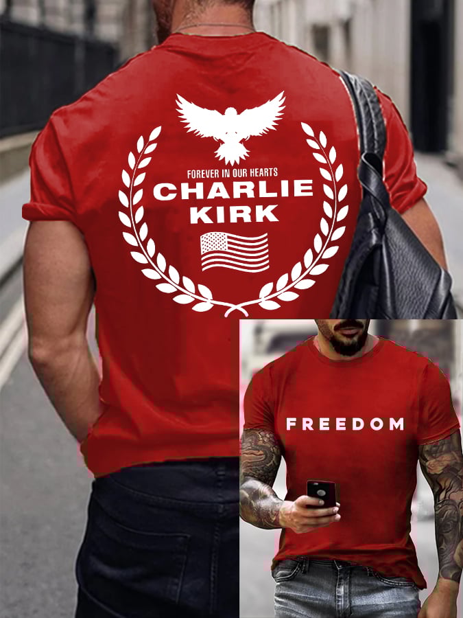 Men's Freedom American Flag Forever In Our Hearts Print Short Sleeve T-shirt