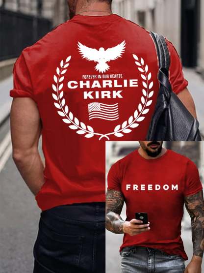Men's Freedom American Flag Forever In Our Hearts Print Short Sleeve T-shirt