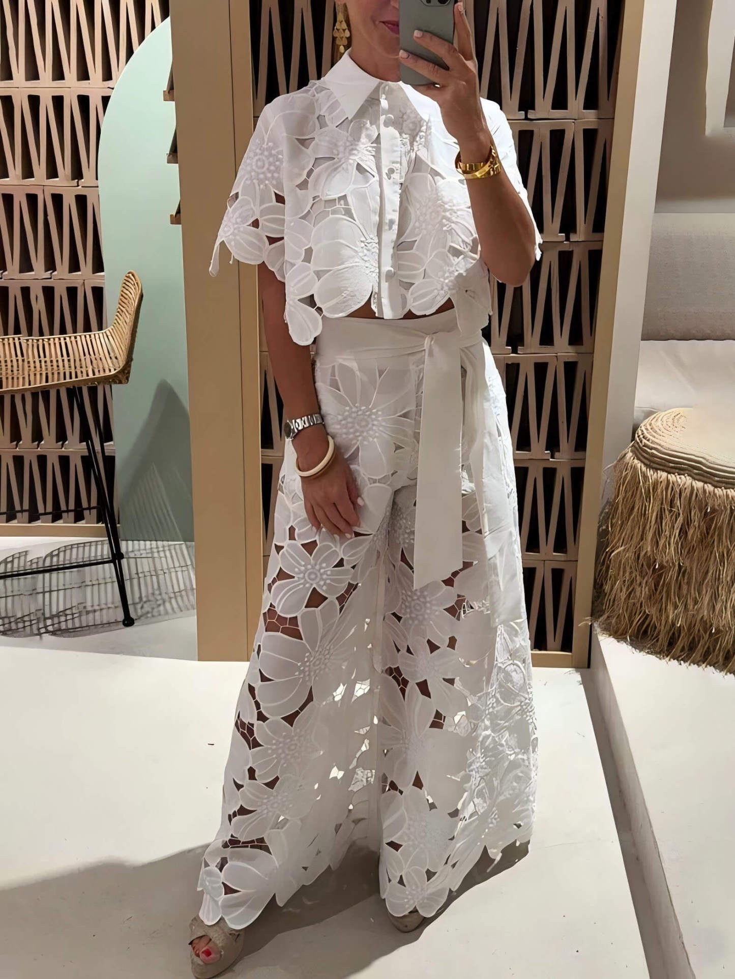 Exquisite Floral Embroidery Sexy Hollow Cardigan Two-Piece Set