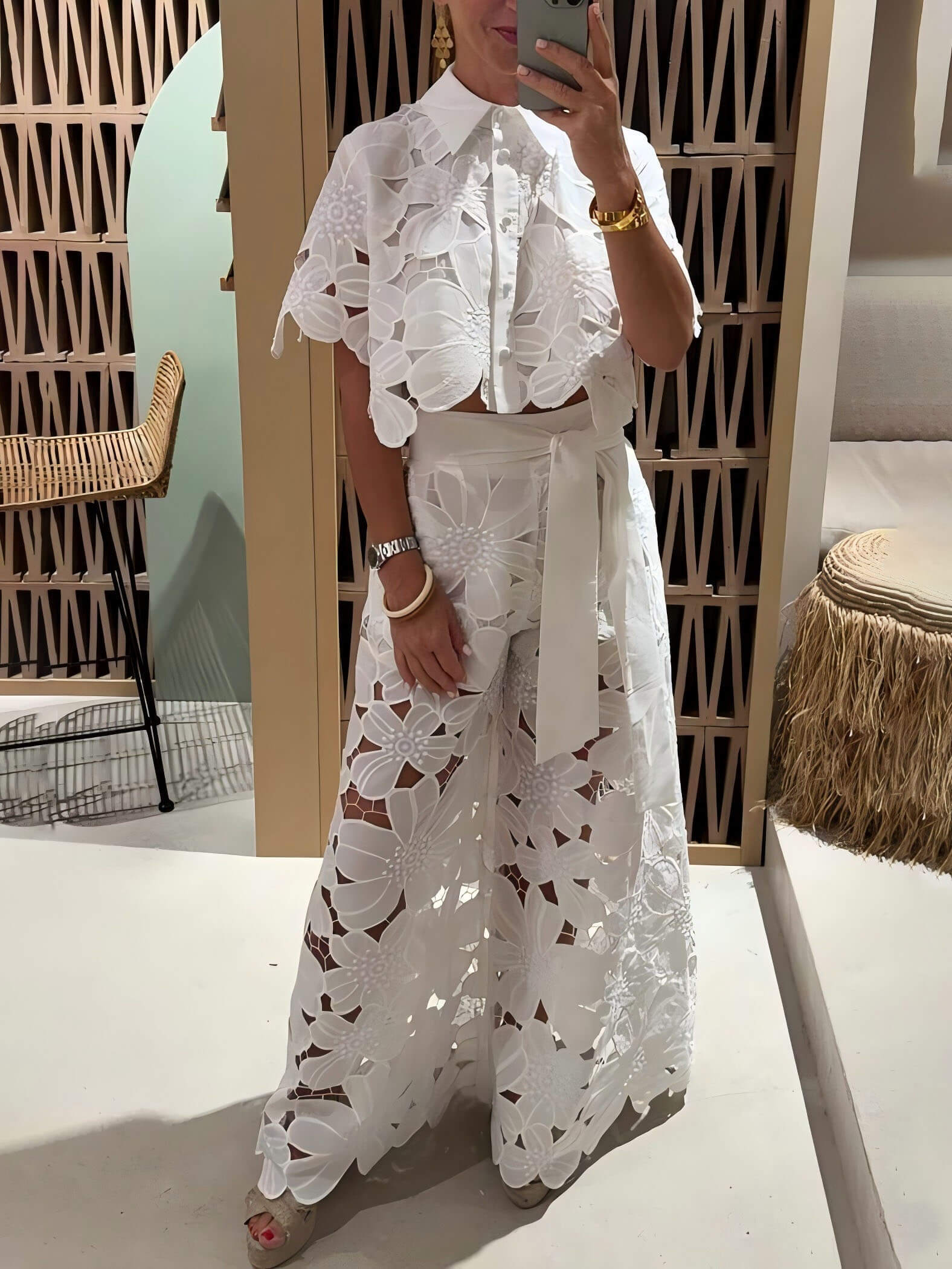 Exquisite Floral Embroidery Sexy Hollow Cardigan Two-Piece Set