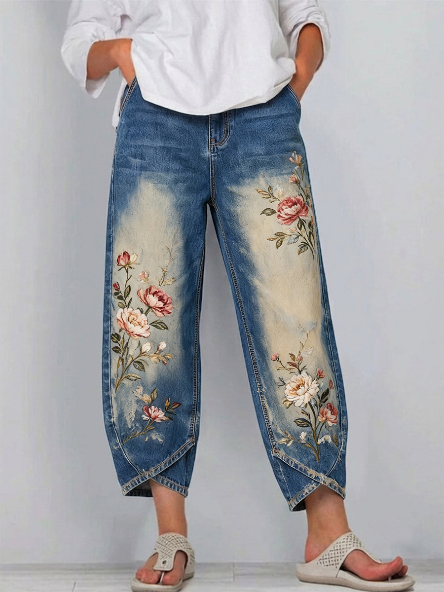 Women's Vintage Floral Art Prints Casual Denim Cotton Pants