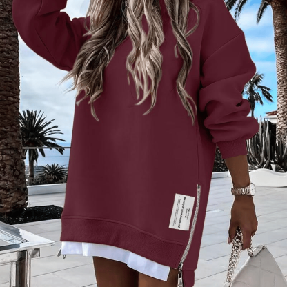 Long Sleeve Pullover Sweatshirt Zipper Slit Casual Dress