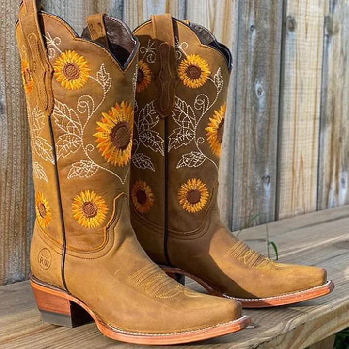 Women's Sunflower Boots Short Boots Embroidered Slope Heeled Casual Boots