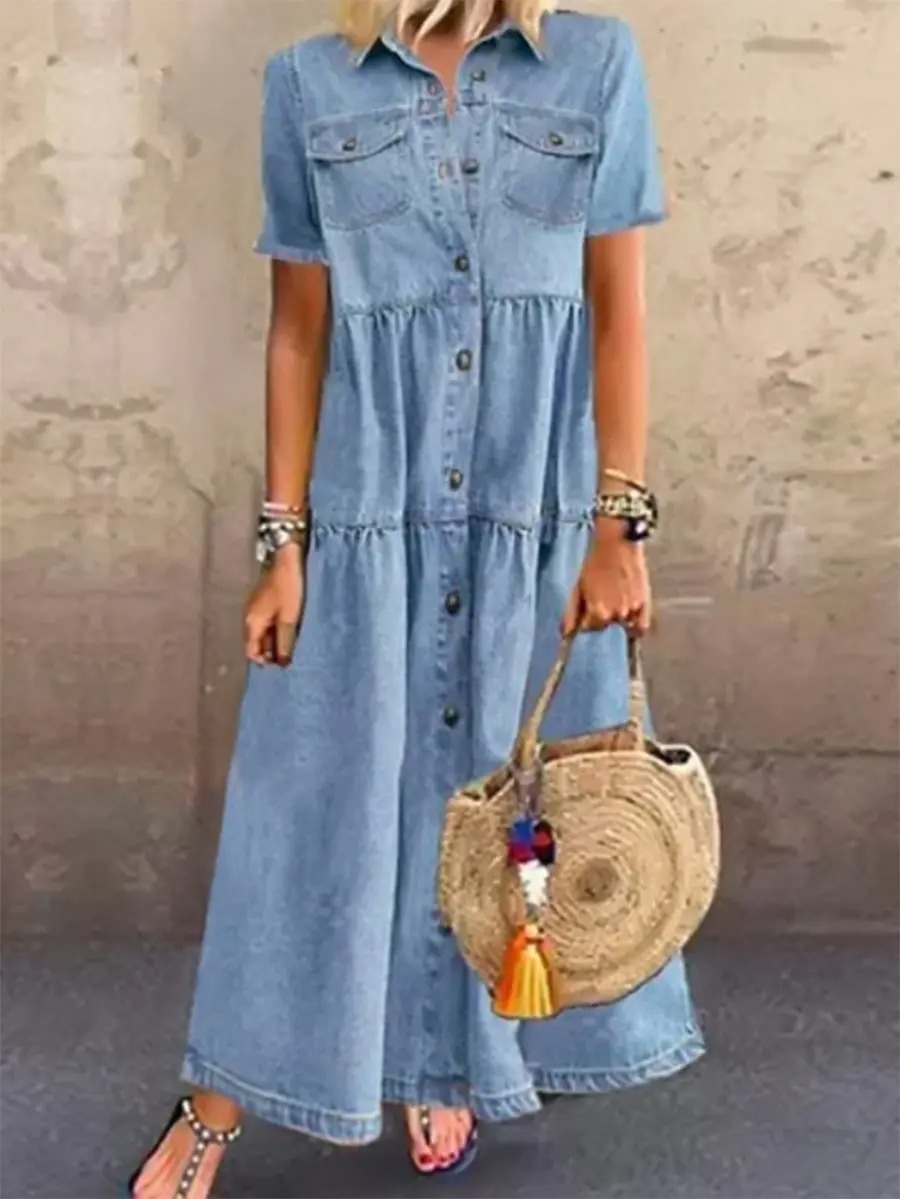 Women's casual short-sleeved stitching denim long skirt