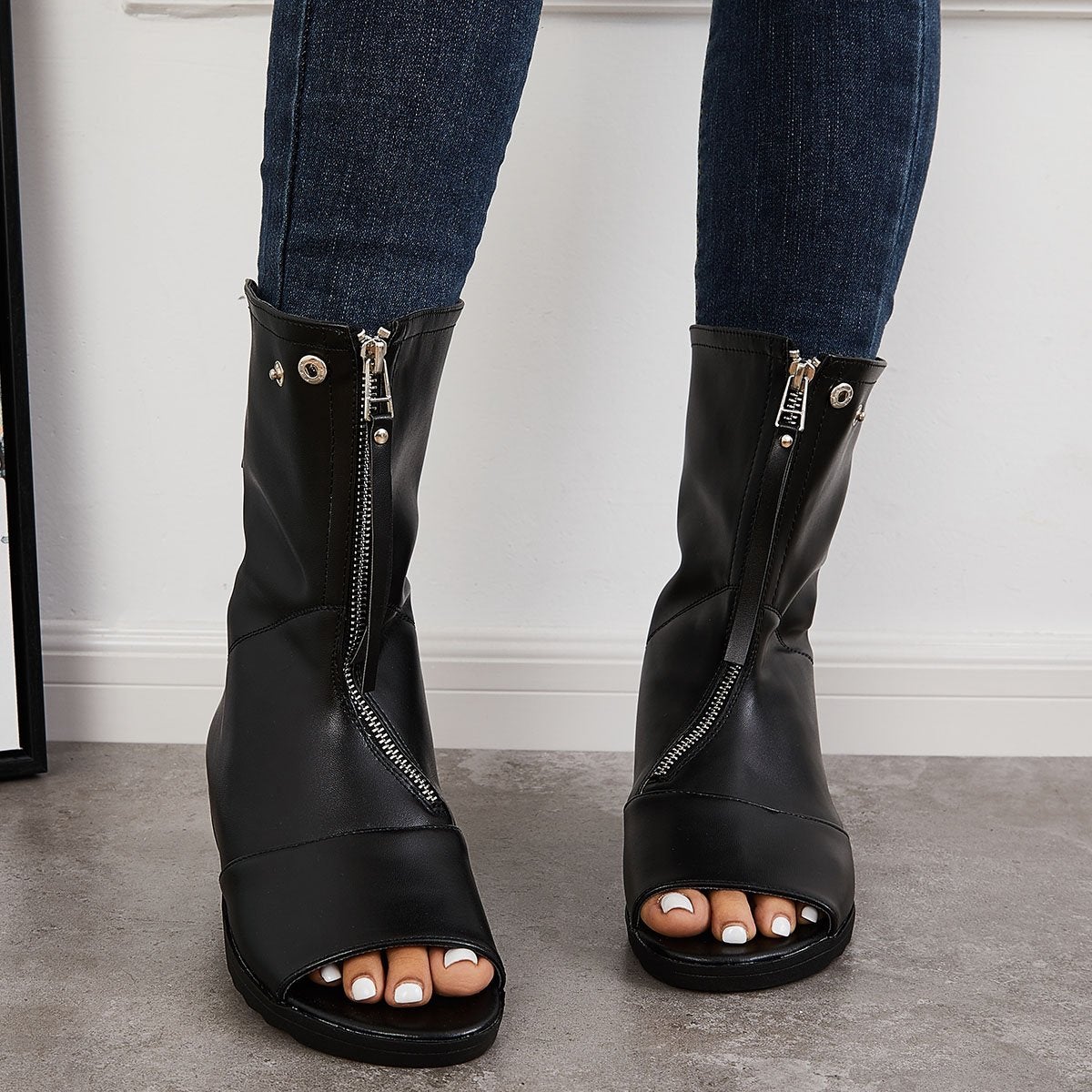 Women's Open Toe Ankle Boots Fashion Flat Booties Zip Up Boots