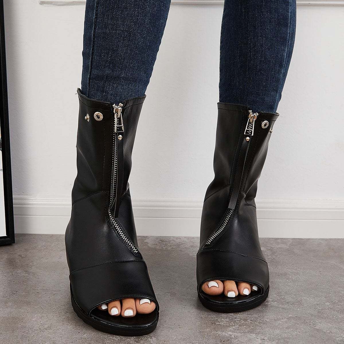 Women's Open Toe Ankle Boots Fashion Flat Booties Zip Up Boots