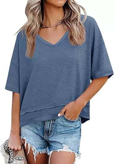 Women's V-neck Mid-length Sleeve Spliced Hem Basic Top
