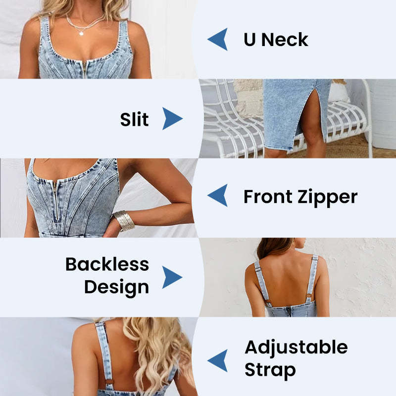 Adjustable strap U-neck split denim bodycon cami dress