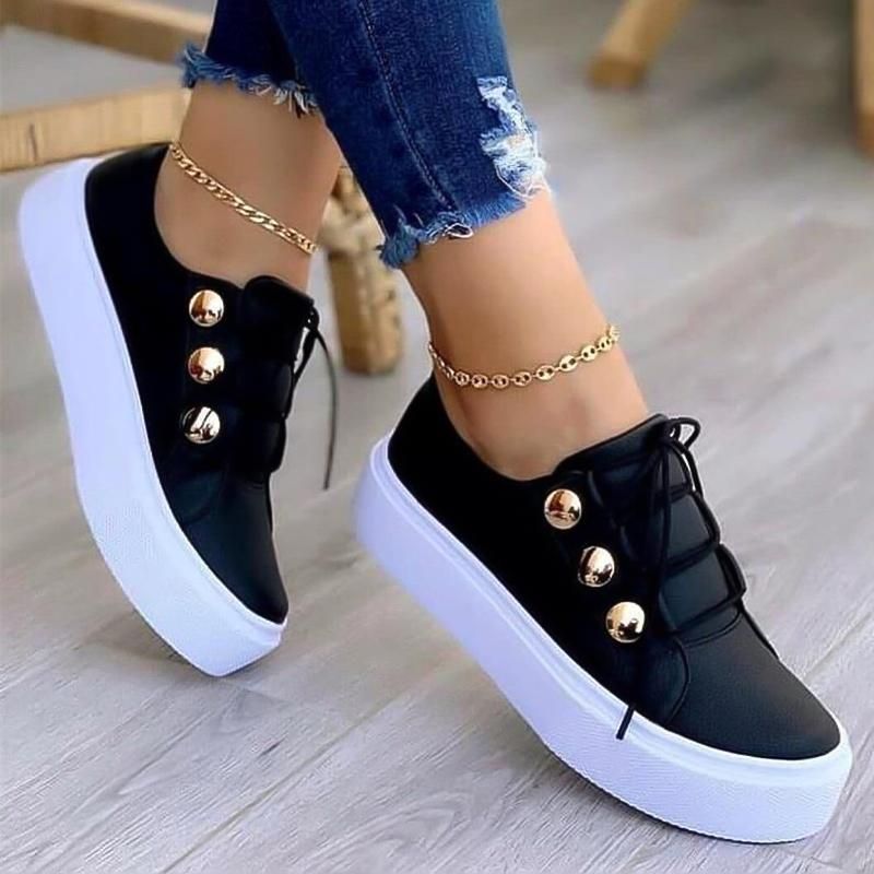 Sneakers Women Flats Round Toe Solid Color Casual Tennis Female Footwear Metal Button Decor Comfortable Ladies Vulcanized Shoe