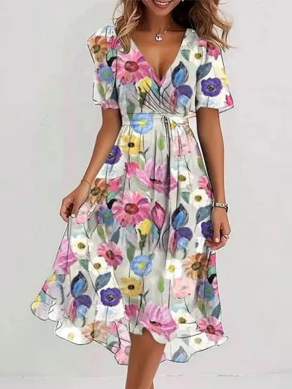 Women's Short Sleeve Summer Green Floral Printing V Neck Daily Going Out Vintage Maxi A-Line Ruffle Skirt Dress