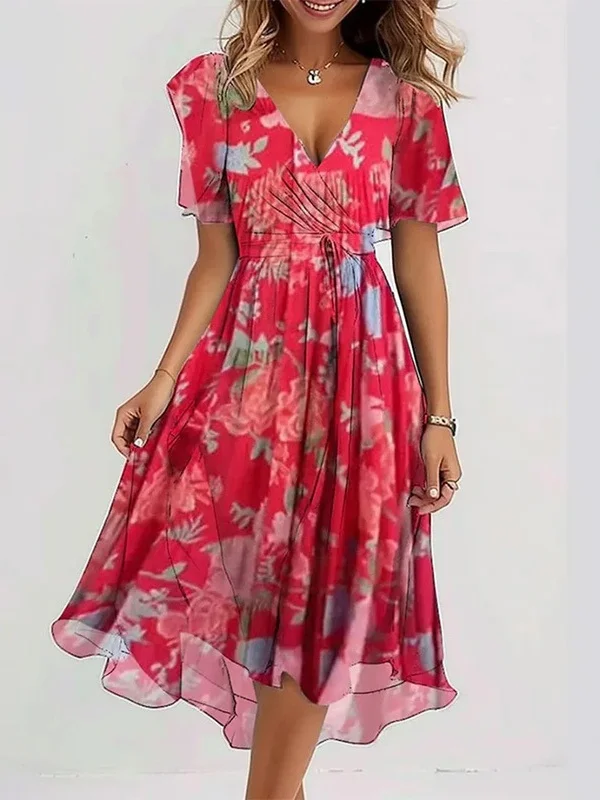Women's Short Sleeve Summer Green Floral Printing V Neck Daily Going Out Vintage Maxi A-Line Ruffle Skirt Dress
