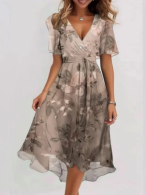Women's Short Sleeve Summer Green Floral Printing V Neck Daily Going Out Vintage Maxi A-Line Ruffle Skirt Dress