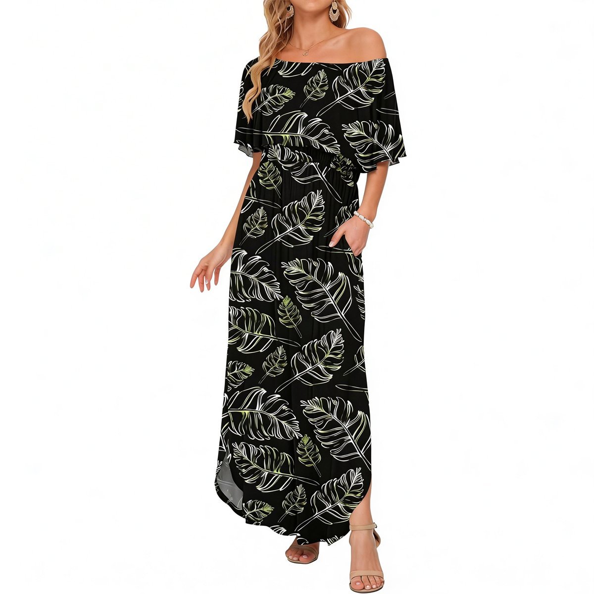 🔥LAST day 49% OFF🔥Women's Off The Shoulder Dress Wedding Guest Dress Summer Casual Long Ruffle Party Side Split Beach Maxi Dresses