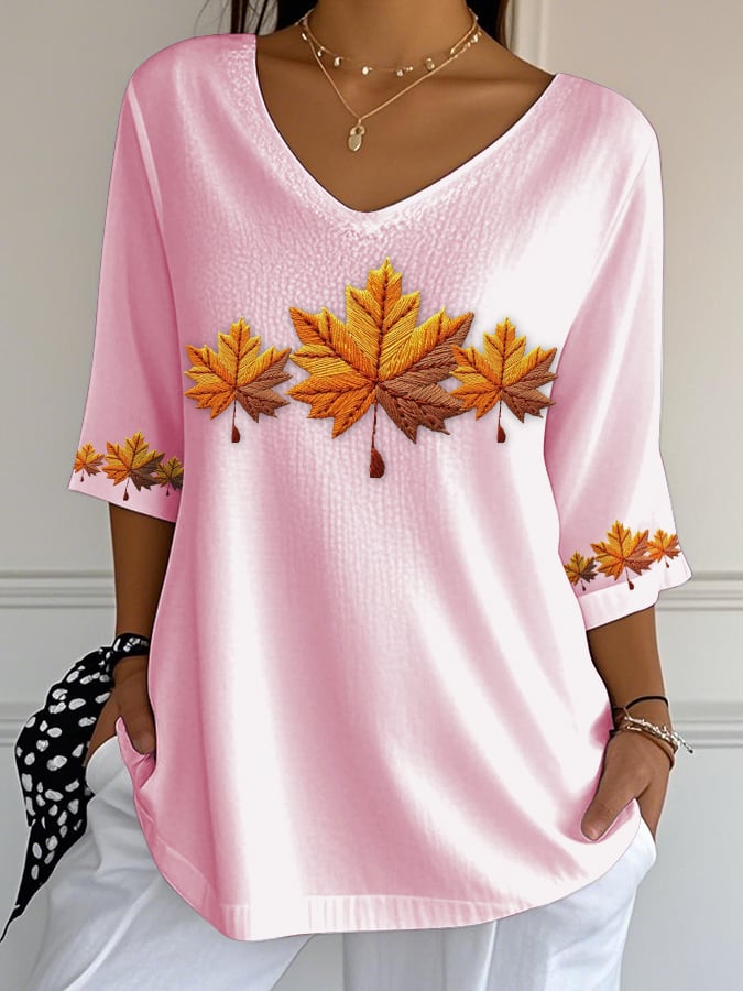 Women's Autumn Maple Leaf Printed Bubble Wrinkle Top