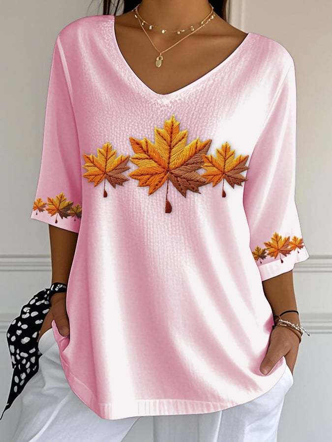Women's Autumn Maple Leaf Printed Bubble Wrinkle Top
