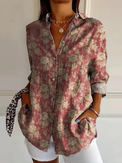 WOMEN'S ABSTRACT LINE COTTON LINEN SHIRT