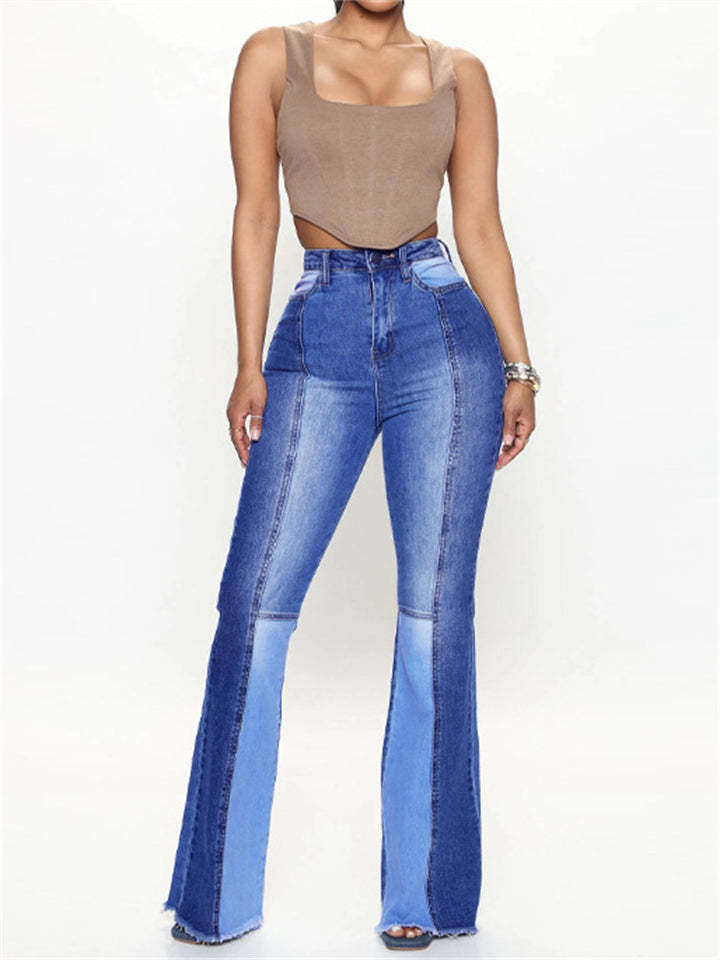 Trendy Sexy High-rise Contrast Color Women's Denim Flare Pants
