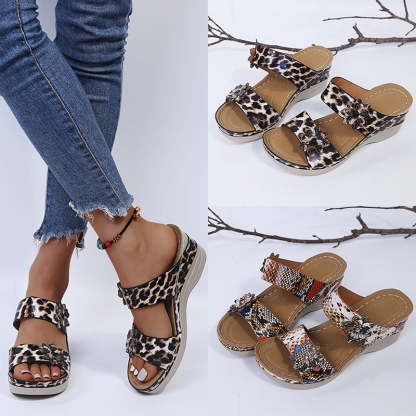 2024 🌹 New Leopard Print Leather Wedge Soft Sole Sandals