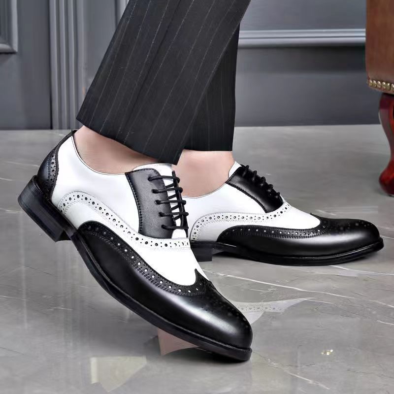 Men's white yellow patch wingtip brogue oxfords Lace-up formal business loafers shoes