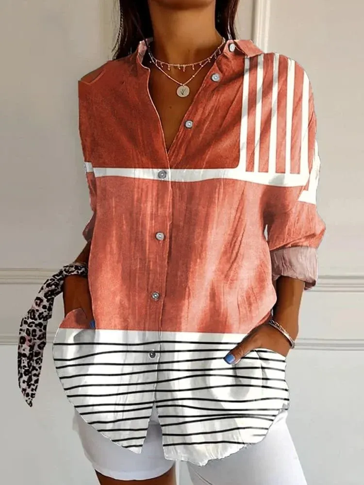 WOMEN'S ABSTRACT LINE COTTON LINEN SHIRT