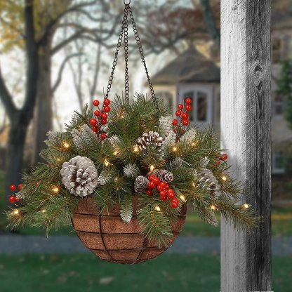 Pre-lit Artificial Christmas Hanging Basket Flocked with Mixed Decorations and White LED Lights