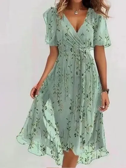 Women's Short Sleeve Summer Green Floral Printing V Neck Daily Going Out Vintage Maxi A-Line Ruffle Skirt Dress