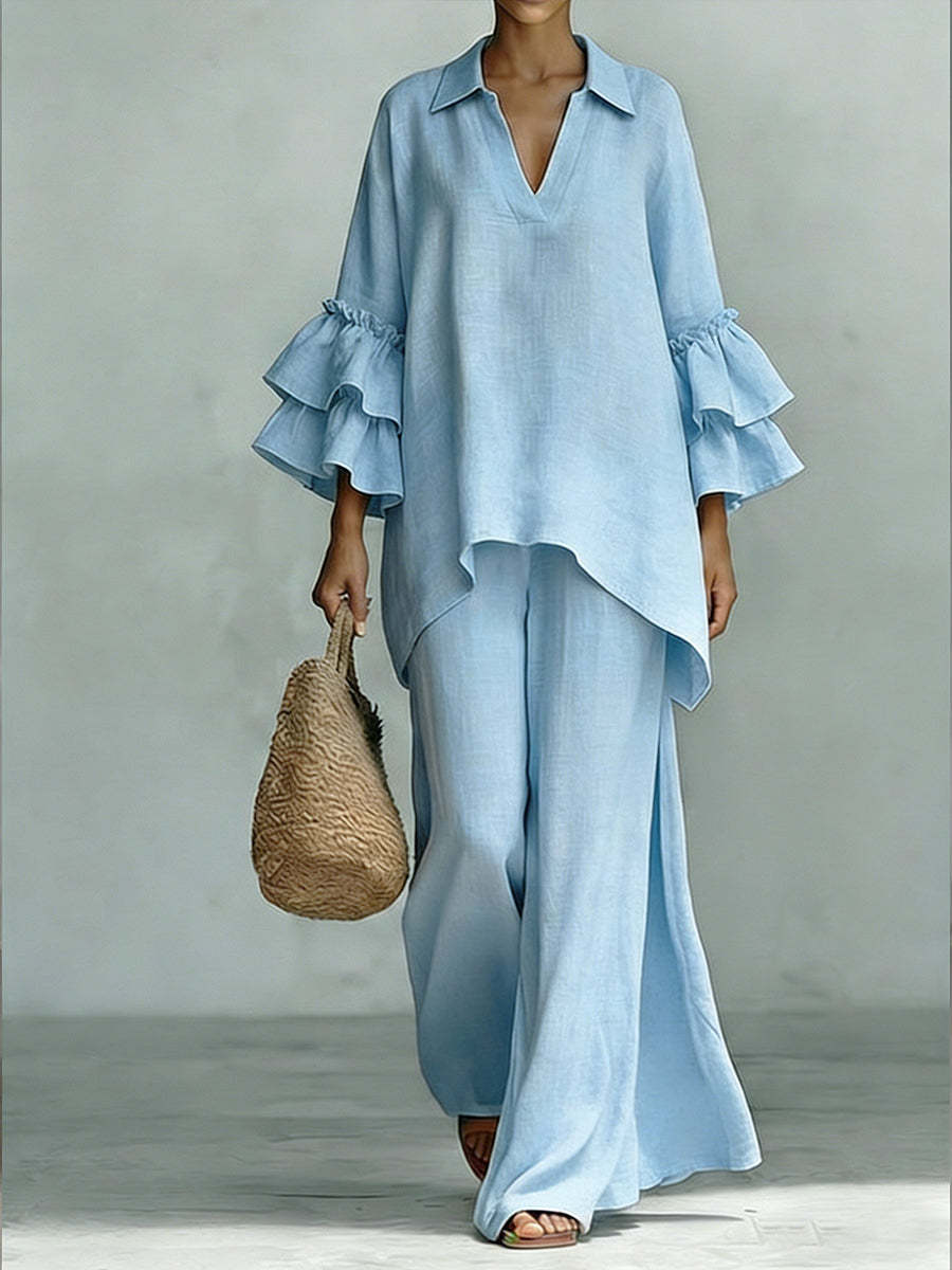 Casual Linen And Cotton Shirt And Wide-leg Pants Two-piece Set