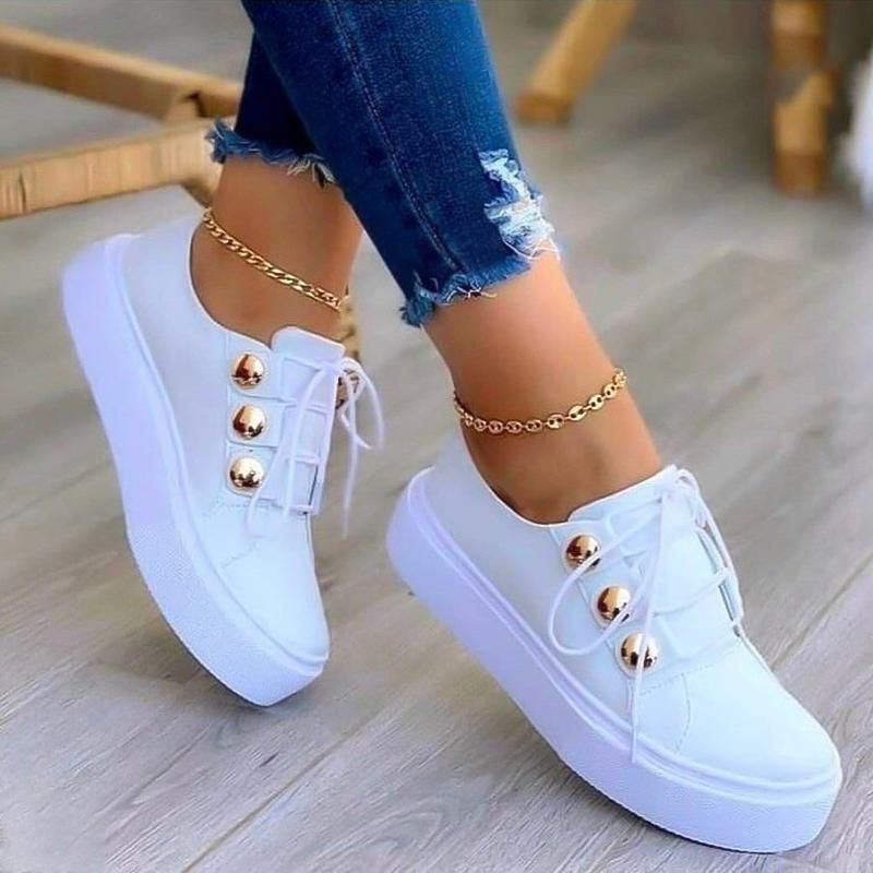Sneakers Women Flats Round Toe Solid Color Casual Tennis Female Footwear Metal Button Decor Comfortable Ladies Vulcanized Shoe