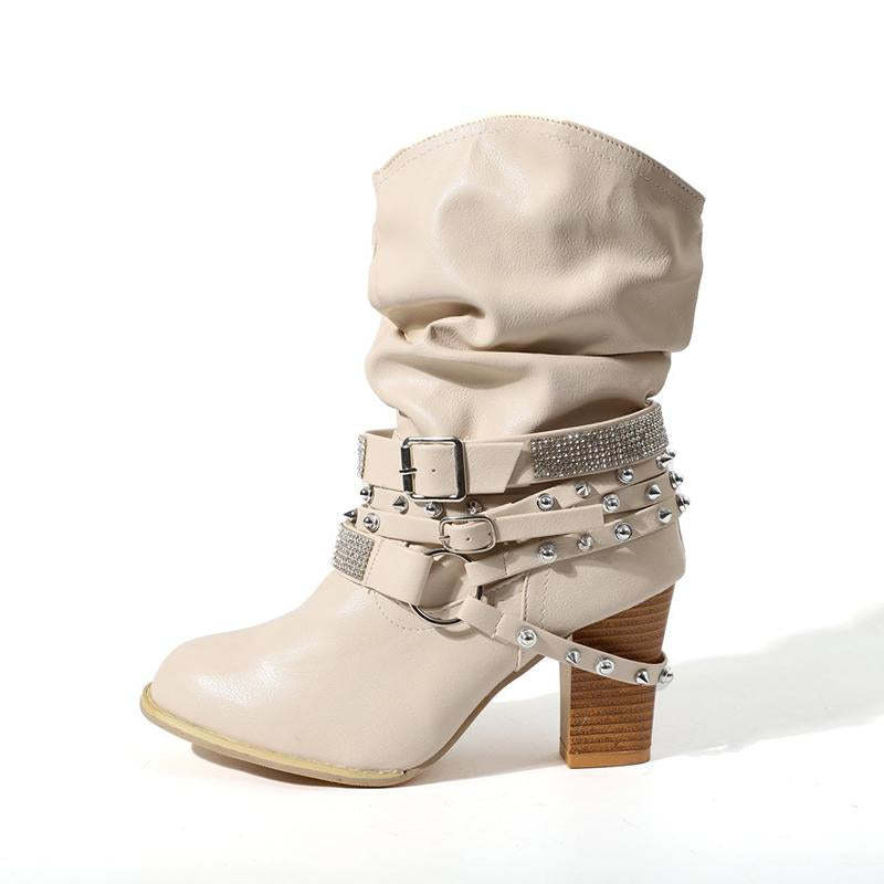 Women Fashion Short Rhinestone Booties Studded Strap Buckle Round Toe Stacked Chunky Heeled Boots