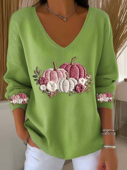 Women's casual pink pumpkin long-sleeved T-shirt knitted ribbed long-sleeved T-shirt