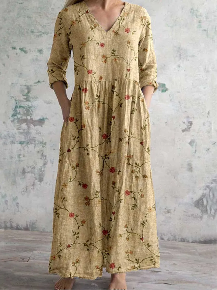 Women's Vintage Floral Print Casual Cotton Dress