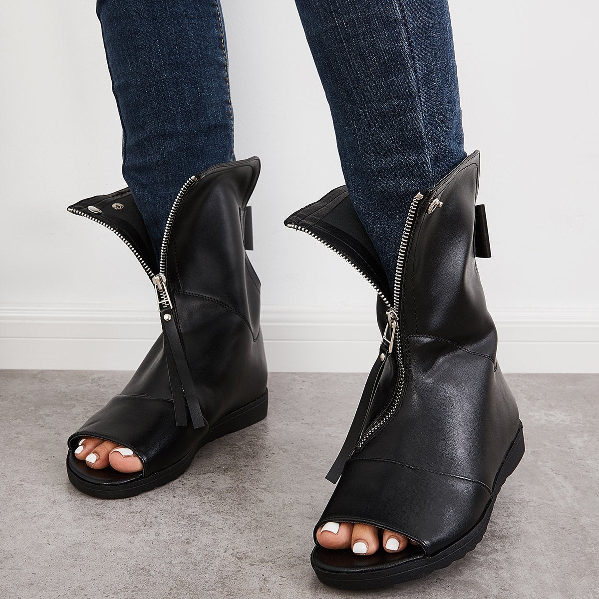 Women's Open Toe Ankle Boots Fashion Flat Booties Zip Up Boots