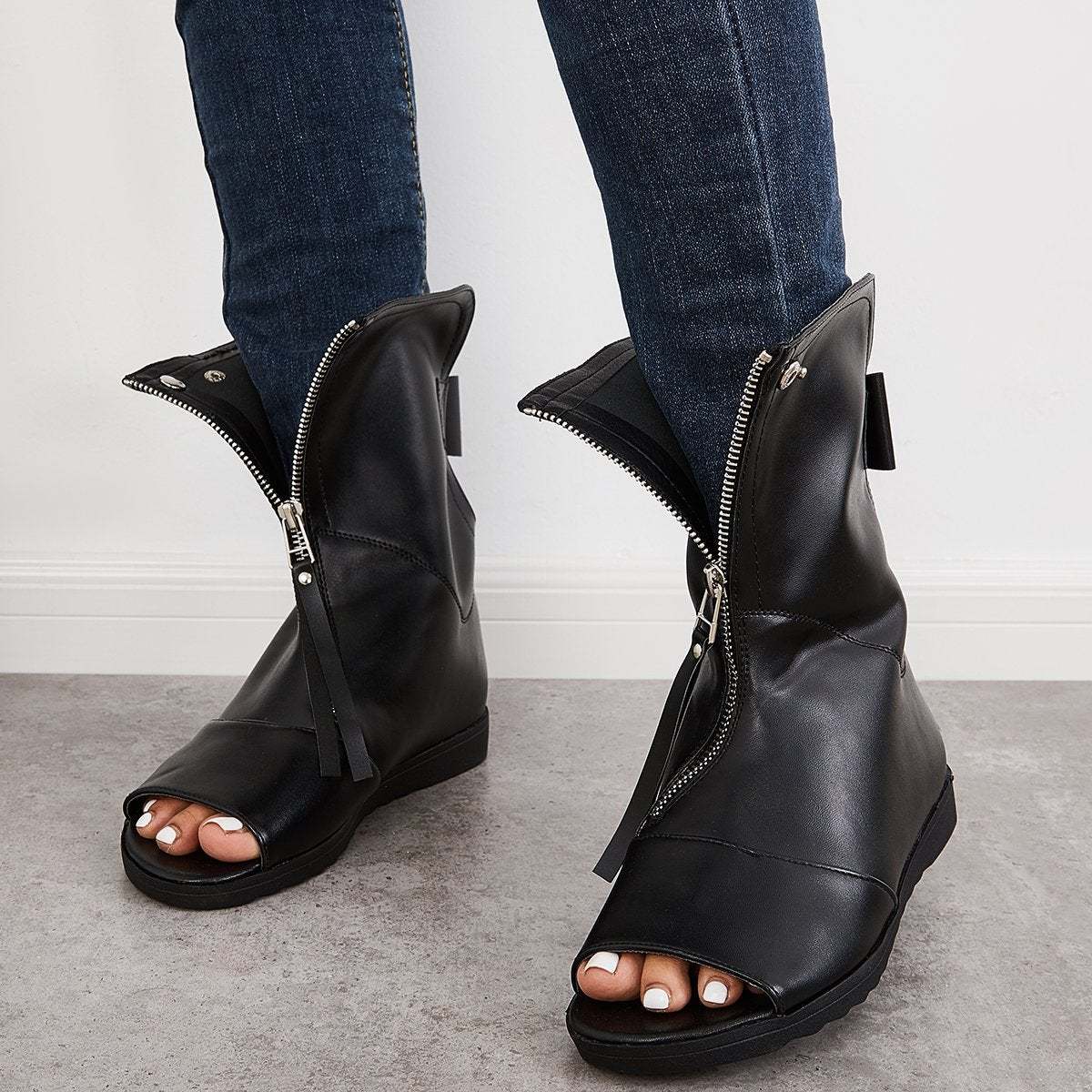 Women's Open Toe Ankle Boots Fashion Flat Booties Zip Up Boots