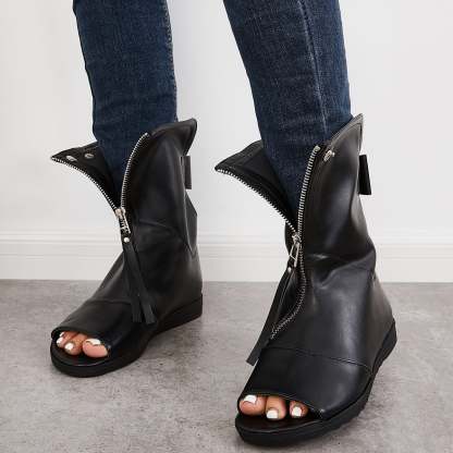 Women's Open Toe Ankle Boots Fashion Flat Booties Zip Up Boots