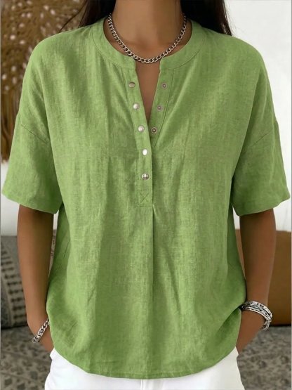 New Arrivals🔥Women's Casual Henley Collar Linen And Cotton Short-sleeve Shirt