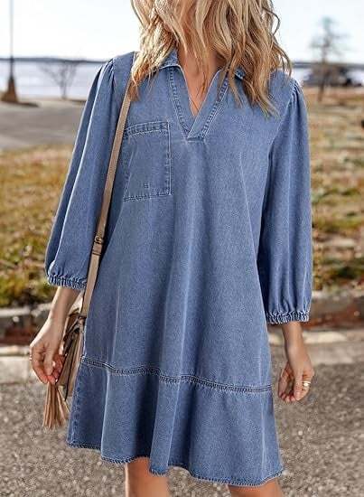 ⏰Hot Sale-Women's V-neck Puff Sleeve Denim Layered Dress