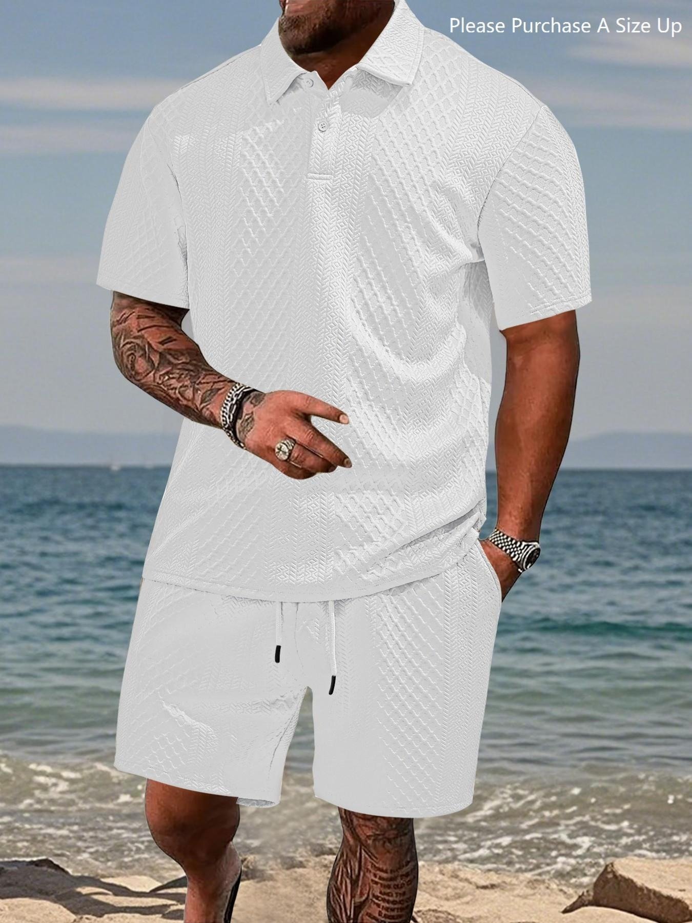 Men's Solid Polo Shirt & Drawstring Waist Shorts Set, Cozy Breathable Two-piece Outfits