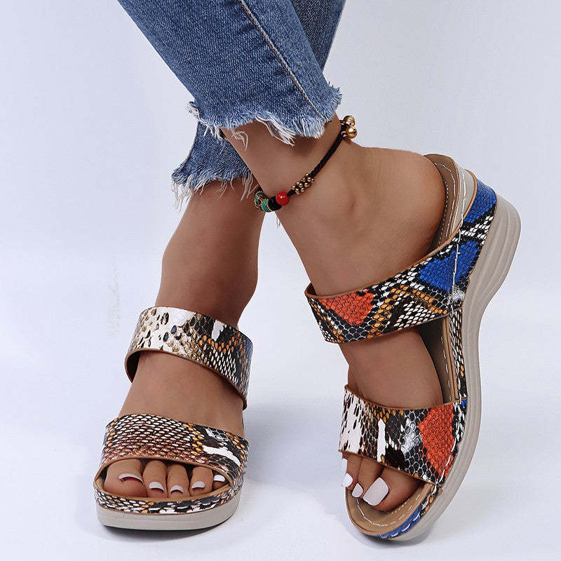 2024 🌹 New Leopard Print Leather Wedge Soft Sole Sandals