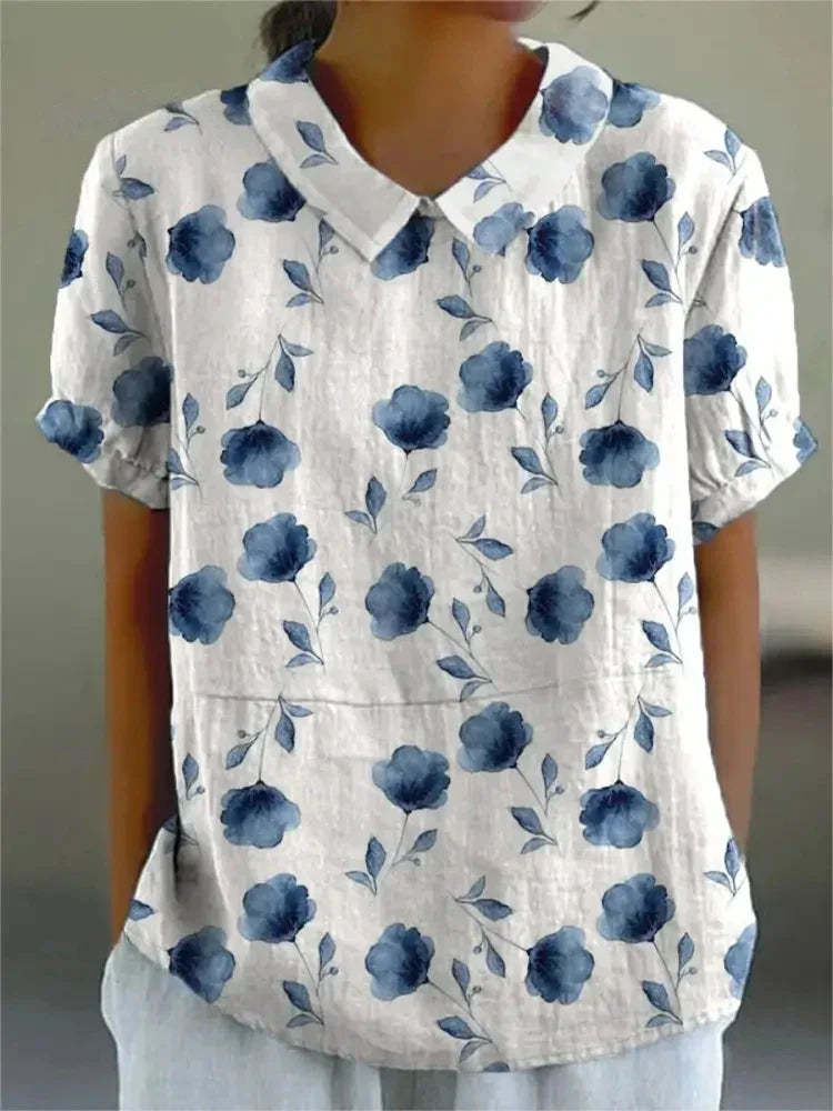 Women's Retro Floral Print Cotton Linen Casual Shirt