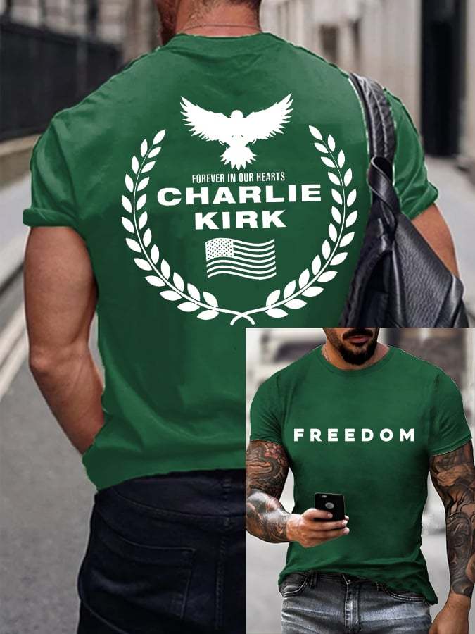 Men's Freedom American Flag Forever In Our Hearts Print Short Sleeve T-shirt