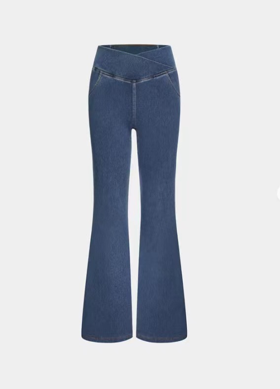 Stretchy Denim High Waisted Crossover Flare Pants