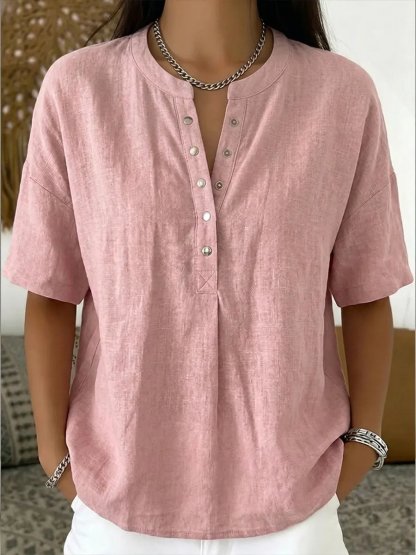 New Arrivals🔥Women's Casual Henley Collar Linen And Cotton Short-sleeve Shirt