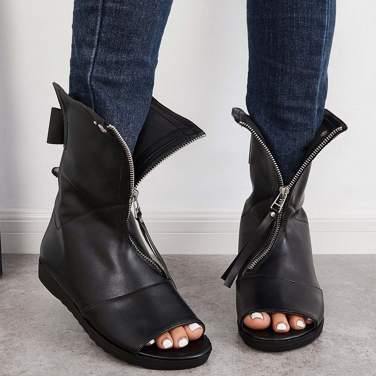 Women's Open Toe Ankle Boots Fashion Flat Booties Zip Up Boots
