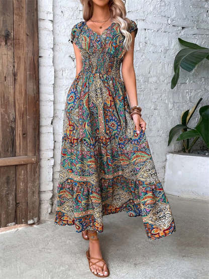 Bohemian V Neck Abstract Print High Waist Long Dress