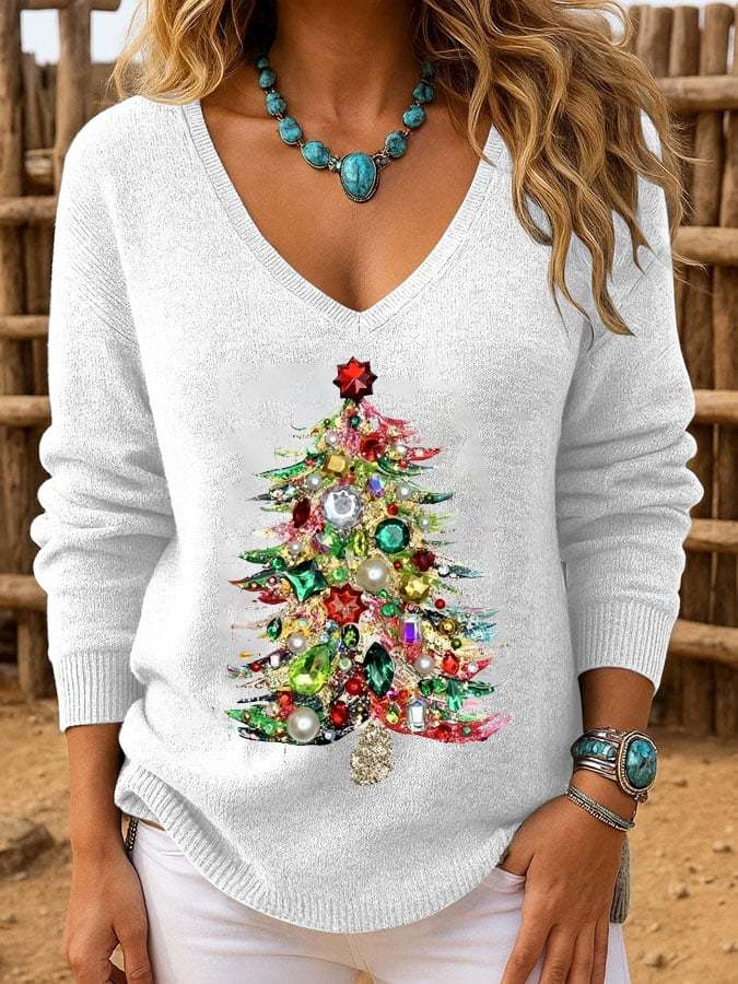 Women's Casual Christmas Tree Knitted Long Sleeve Top