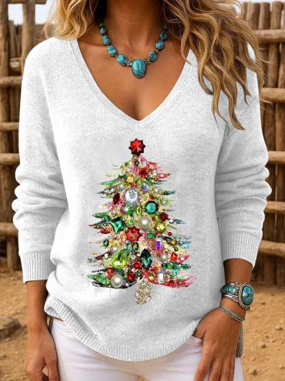 Women's Casual Christmas Tree Knitted Long Sleeve Top