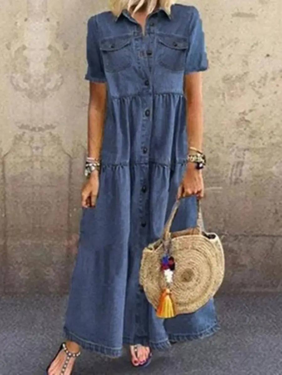 Women's casual short-sleeved stitching denim long skirt