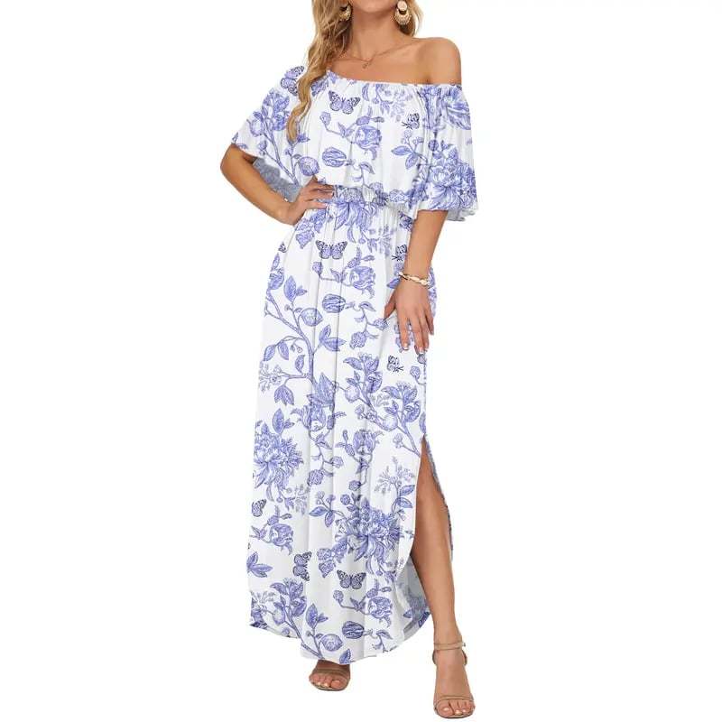 🔥LAST day 49% OFF🔥Women's Off The Shoulder Dress Wedding Guest Dress Summer Casual Long Ruffle Party Side Split Beach Maxi Dresses
