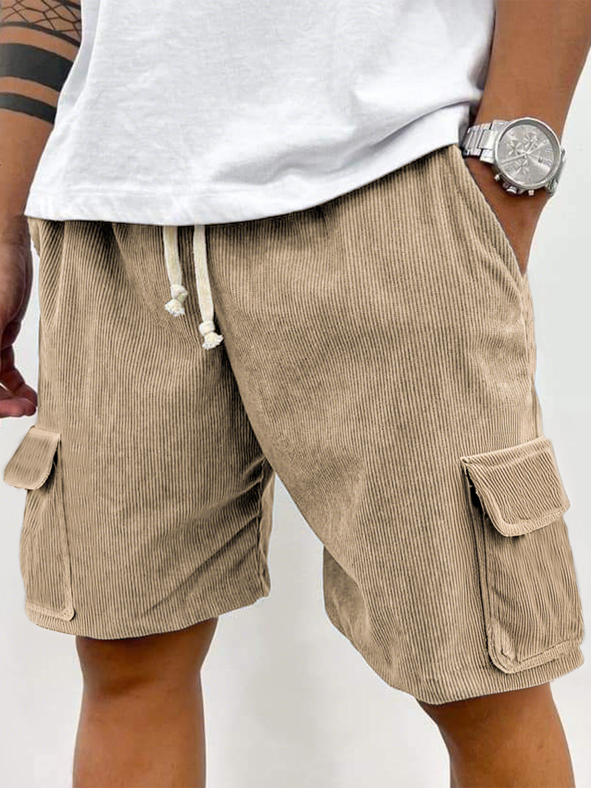 Men's Corduroy Stylish Multi-Pocket Lace Up Utility Casual Cargo Shorts