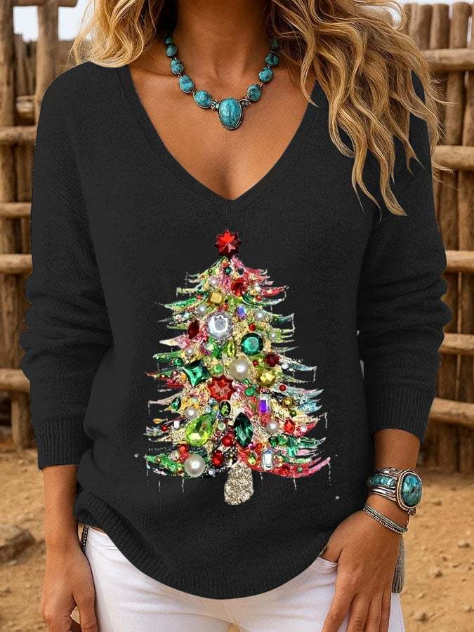 Women's Casual Christmas Tree Knitted Long Sleeve Top